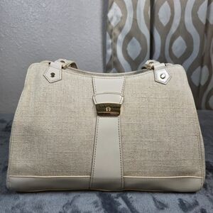 Etienne Aigner Cream and Tan Linen Shoulder Bag.